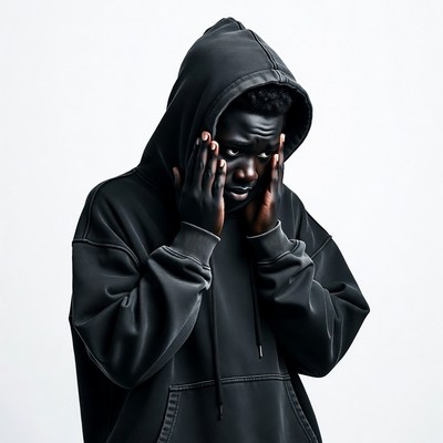 African man in black hoodie covering face