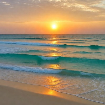 Sunset over turquoise ocean waves