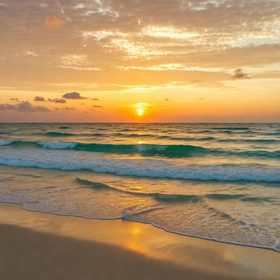 Sunset over ocean waves and beach