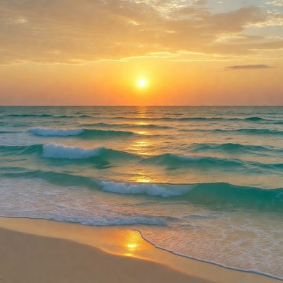 Sunset over turquoise ocean waves