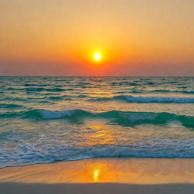 Sunset over turquoise ocean waves