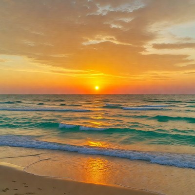 Sunset over turquoise ocean beach