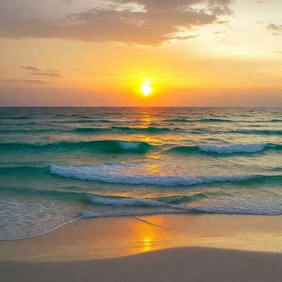 Sunset over turquoise ocean waves