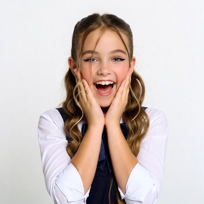 Excited girl smiling with hands on cheeks