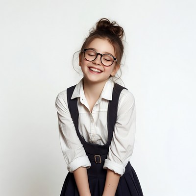 Smiling girl in school uniform glasses