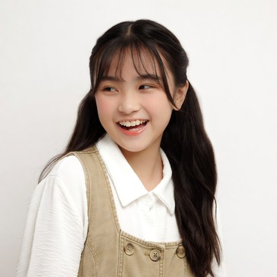 Asian girl smiling in pinafore dress