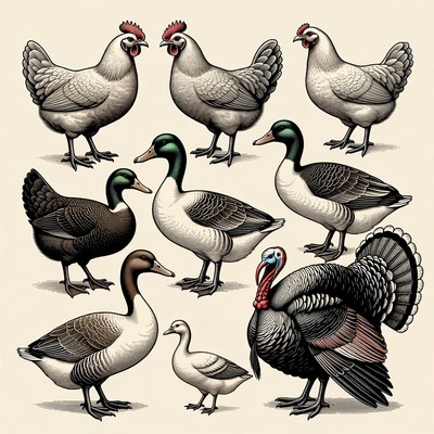 Chickens Ducks Turkey Illustration