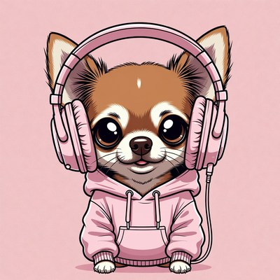 Cute chihuahua wearing pink headphones