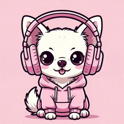 Cute white puppy wearing pink headphones