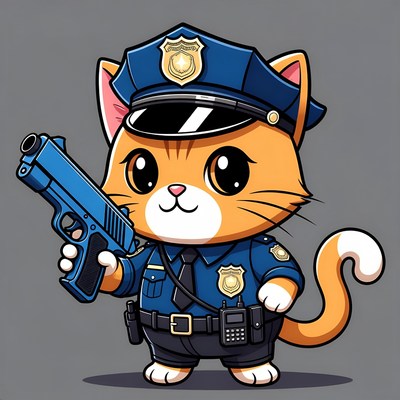 Chibi orange cat police officer with gun