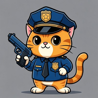 Cartoon Orange Cat Police Officer with Gun