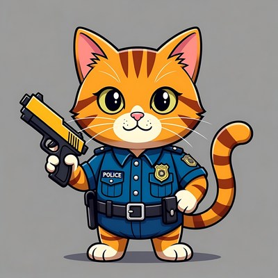 Cartoon Orange Cat Police Officer with Gun