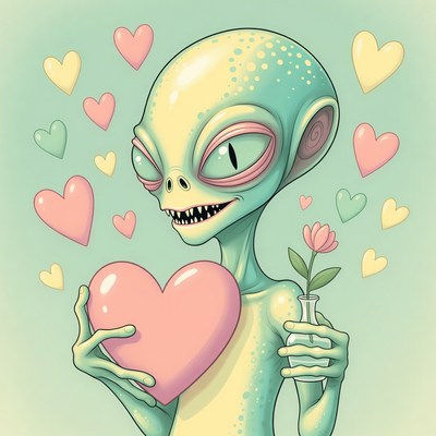 Alien holding heart and flower