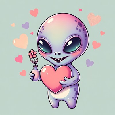 Cute alien holding heart and flower