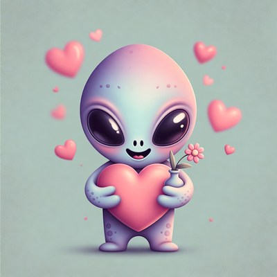 Cute alien holding heart and flower