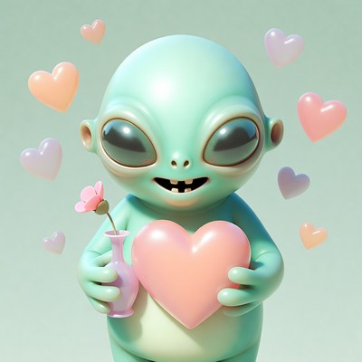 Cute green alien holding heart and flower