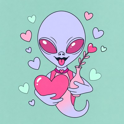 Cute alien holding heart and vase