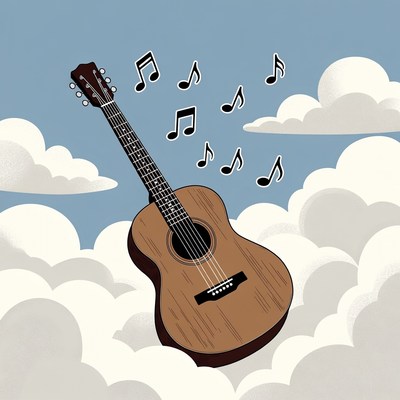 Acoustic Guitar Floating with Music Notes