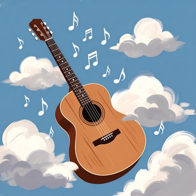 Acoustic Guitar with Music Notes and Clouds