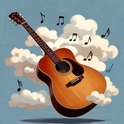 Acoustic Guitar with Clouds and Music Notes