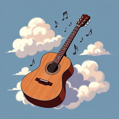 Acoustic Guitar with Music Notes in Clouds