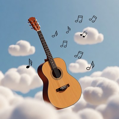 Acoustic Guitar with Music Notes in Clouds