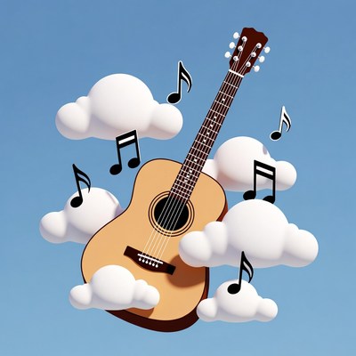 Acoustic Guitar with Clouds and Notes