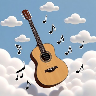 Acoustic Guitar with Music Notes in Clouds