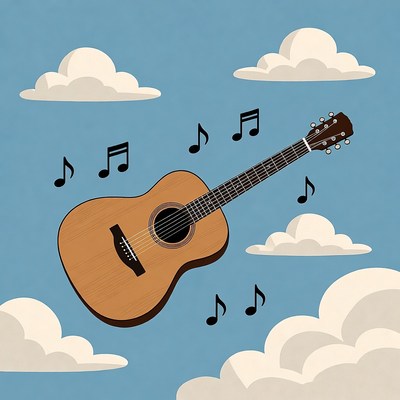 Acoustic Guitar Floating with Music Notes