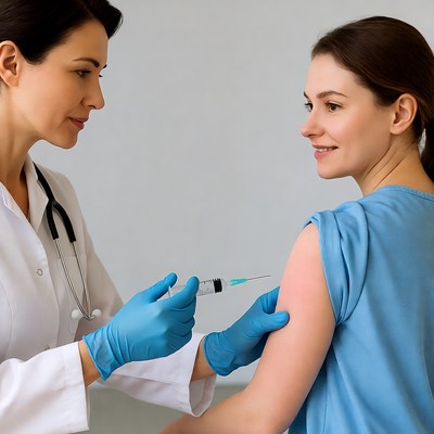 Doctor administering vaccine to woman
