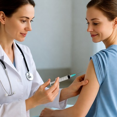 Doctor administering vaccine to woman