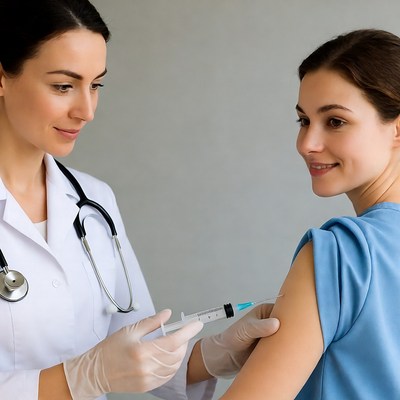 Doctor administering vaccine to woman
