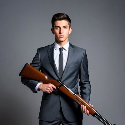 Young man in suit holding rifle