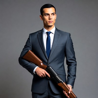 Man in suit holding shotgun