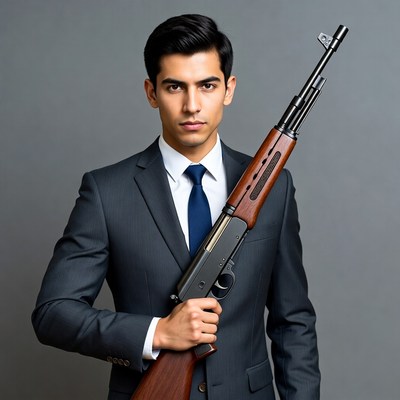 Man in suit holding rifle
