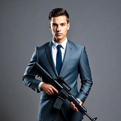 Man in Suit Holding Rifle