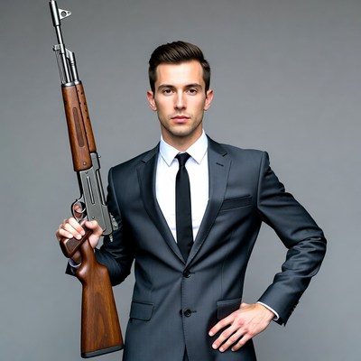 Man in suit holding rifle