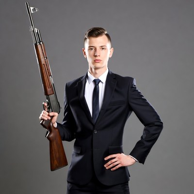 Young man holding rifle in suit