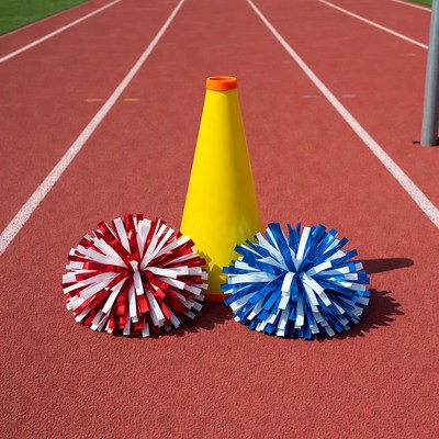 Cheerleader pom poms and megaphone on track