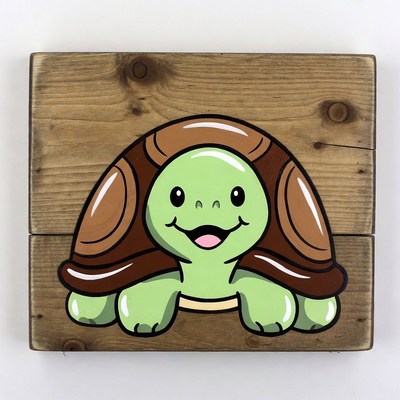 Cute green turtle illustration on wood