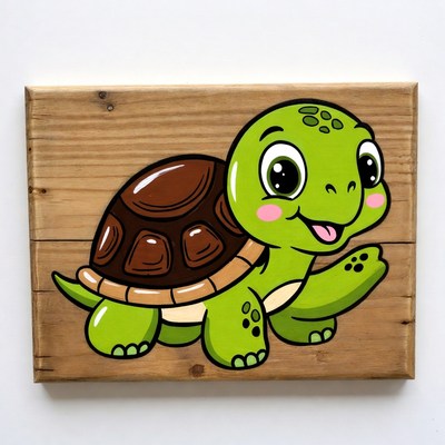 Cute cartoon turtle on wooden plaque