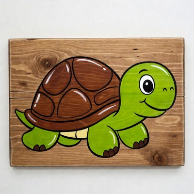 Cute Green Turtle on Wooden Plank