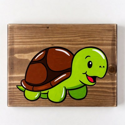 Cute Green Turtle on Wooden Plaque