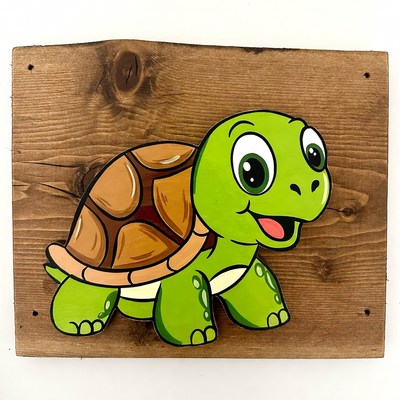 Cute green turtle illustration on wood