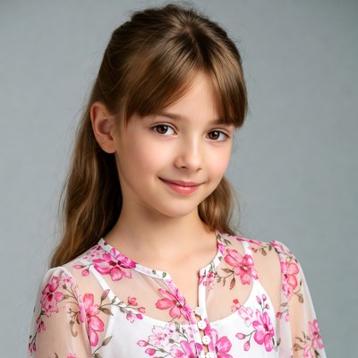 Girl in pink floral sheer blouse