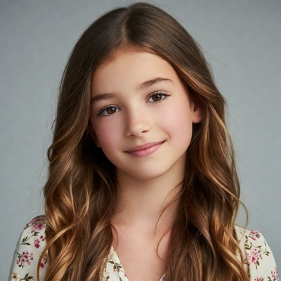 Smiling girl with long wavy brown hair