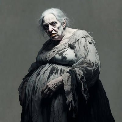 Elderly woman in tattered white dress