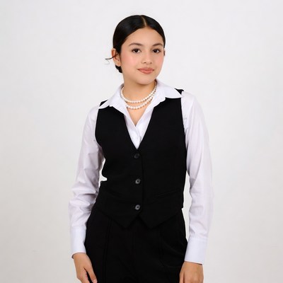 Asian girl in black vest suit