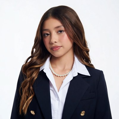 Asian girl in navy blazer and pearls