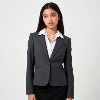 Asian girl in gray blazer and pearls